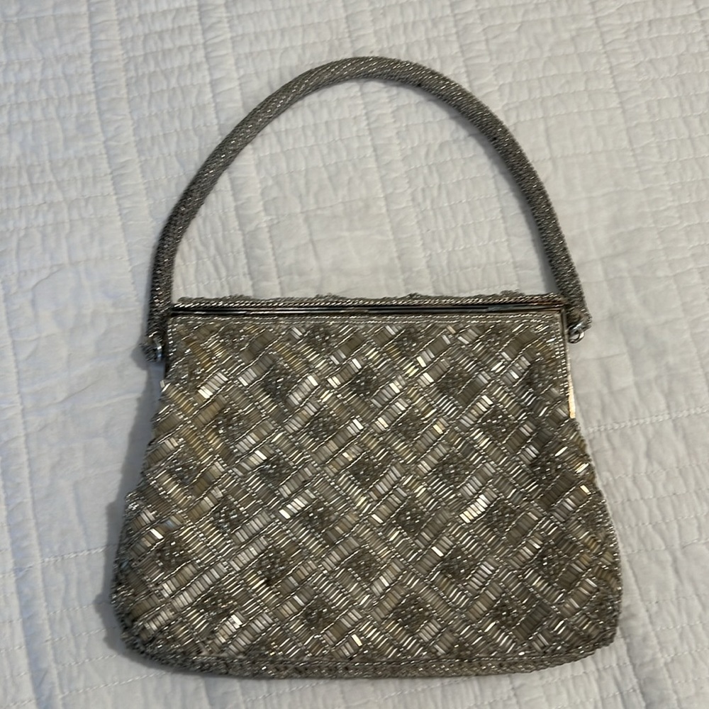 Vintage hand beaded purse. Silver.